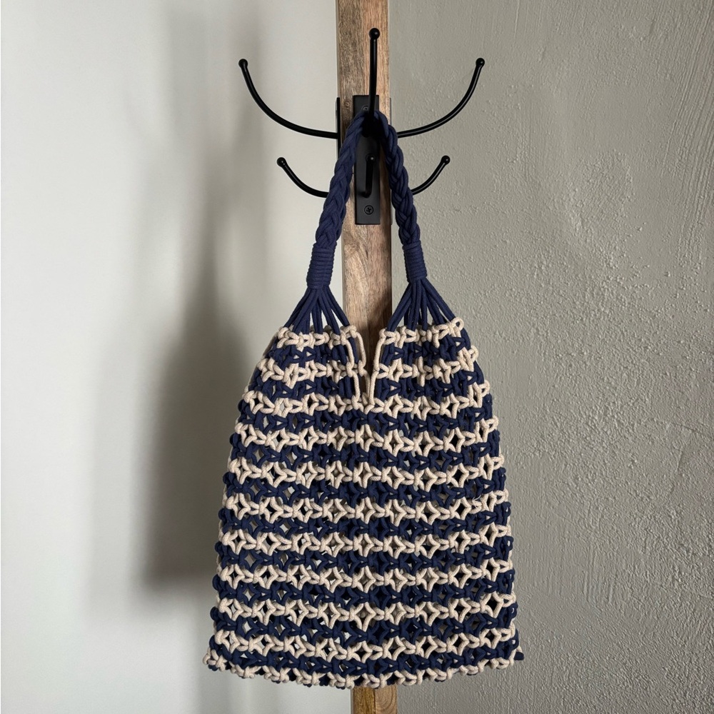 J Crew Dark Blue and White Woven Tote Bag